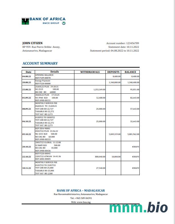 Szablon wyciągu bankowego Madagaskar Acces Banque w programie Word i PDF